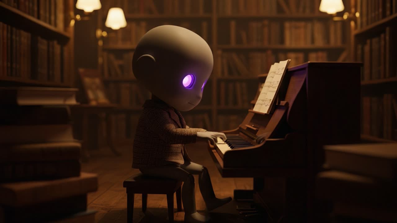 A whimsical and enchanting scene of a small, expressive figure playing a grand piano in a cozy, book-filled library, surrounded by warm lighting and countless stories