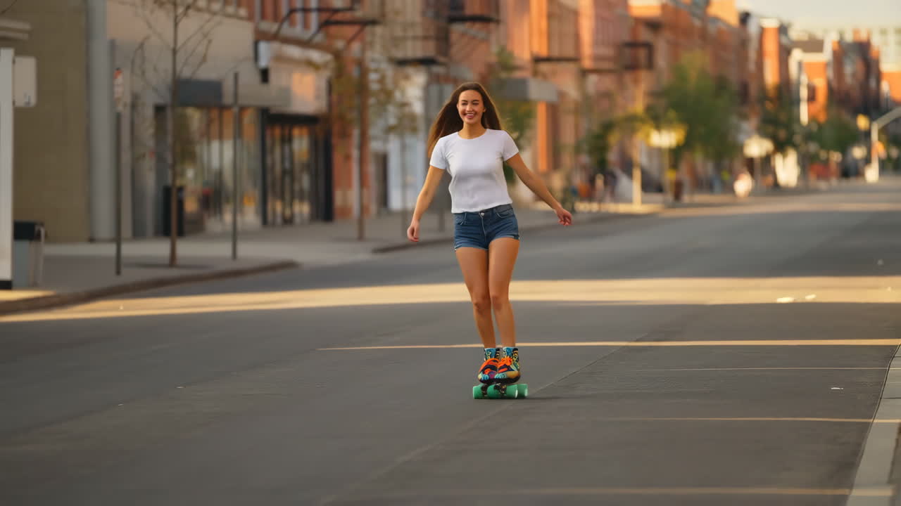 Young woman roller skating on a city street