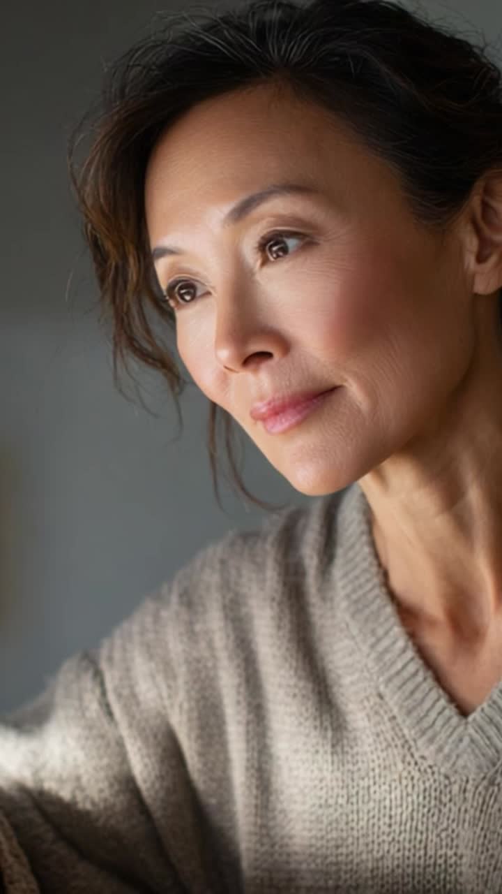 A Reflective Moment: Capturing the Poise and Grace of a Woman in Thoughtful Contemplation, Emphasizing Her Expressive Features and Natural Beauty