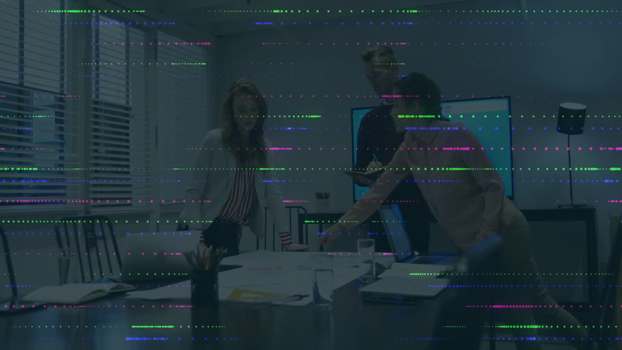 Business team collaborating over digital data processing animation in office