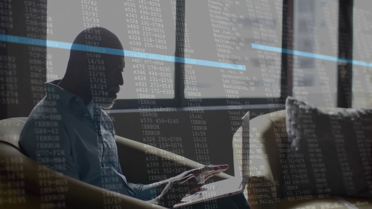 Animation of financial data processing over african american businessman in office