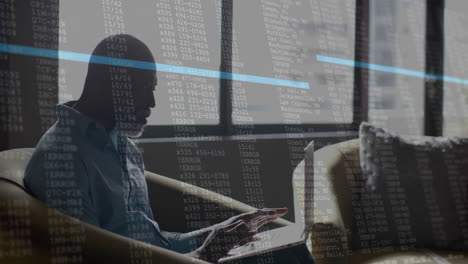 animation of financial data processing over african american businessman in office