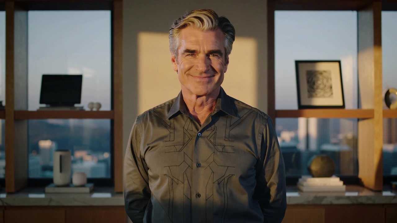 Hombre mayor sonriendo con camisa gris oscuro, suavizando el rostro, con la luz del sol cambiando en una oficina con vista al horizonte de la ciudad.