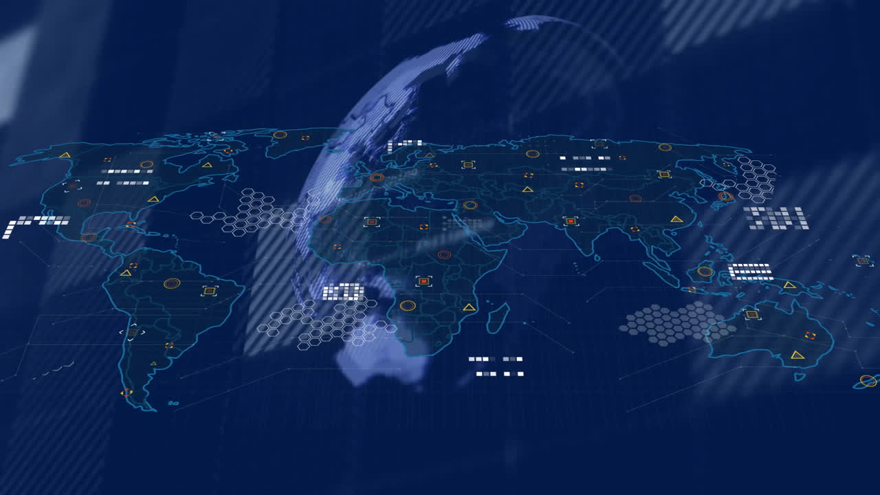 Animation of digital world map showing data points and network connections