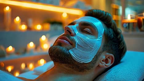 man relaxing with a face mask in a spa setting