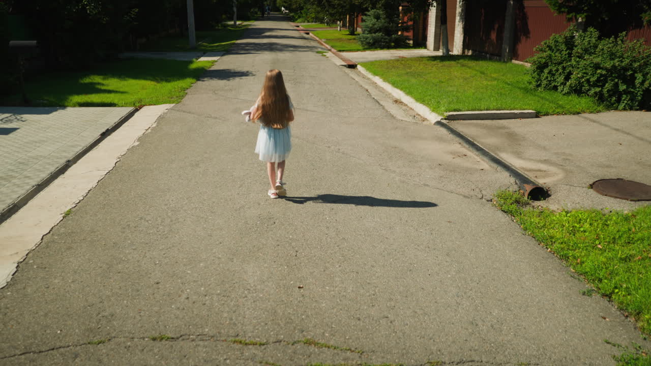 Rear view of young girl walking alone on cracked tarred road in quiet suburban area under bright sunlight, holding stuffed toy, long hair flowing down her back, green lawns and fences lining street