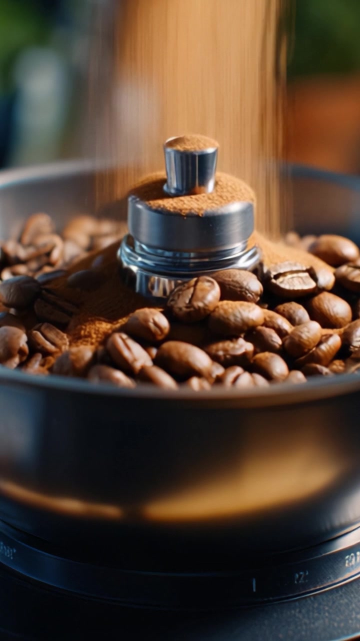 En nærbillede udforskning af friskmalede kaffebønner, der behandles i en moderne kaffekværn, der fanger aromaen og smagen af kaffetilberedning.