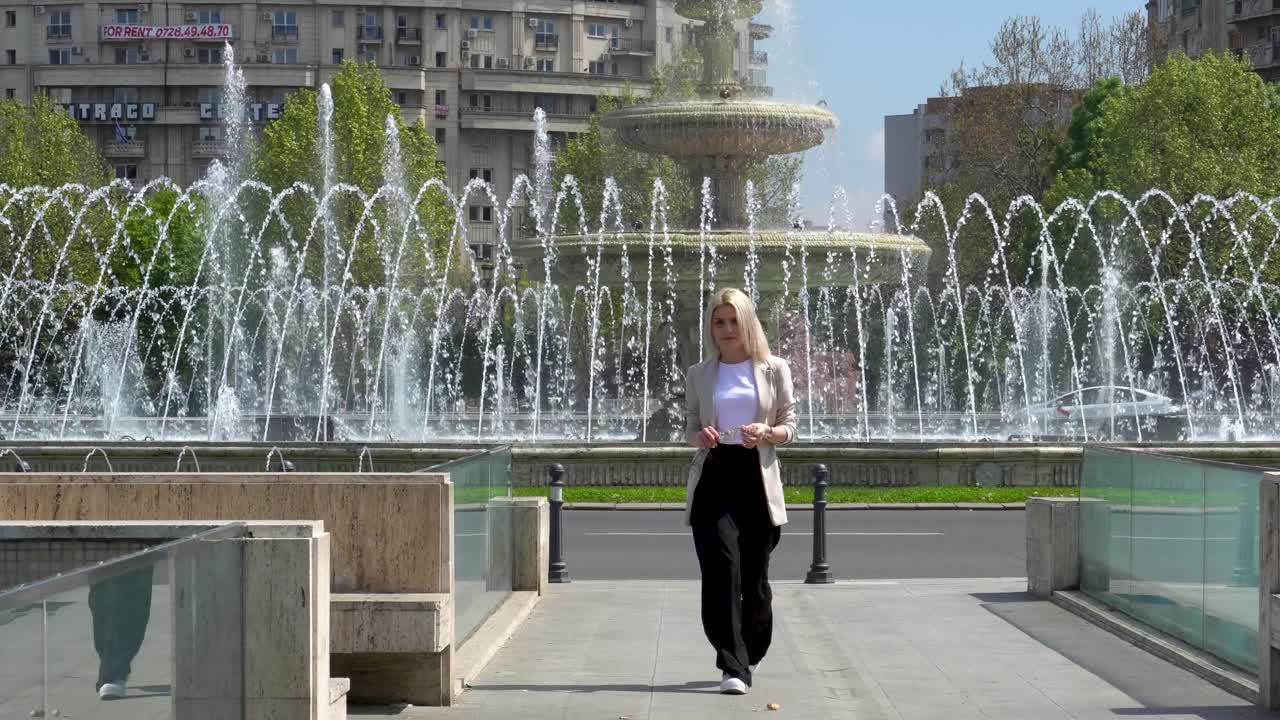 Blonde Young Woman Walking Towards The Camera With A water Fountain In The Background And Passing Cars, Unirii Square, Bucharest, Romania