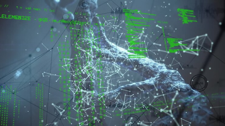 Animation of dna strand spinning, networks of connections and medical data processing