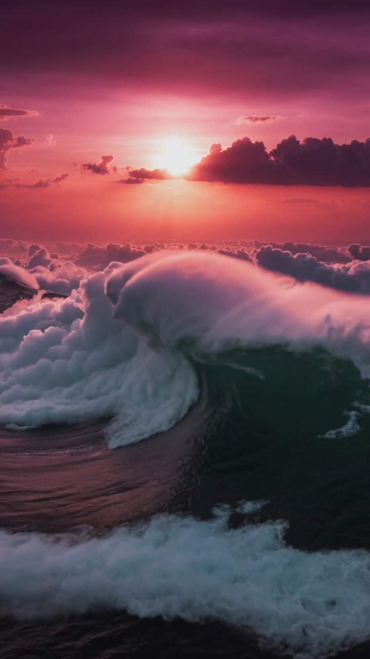 Vertical video: Making sea wave rolling to center from right swell, curling foam crest at red sun