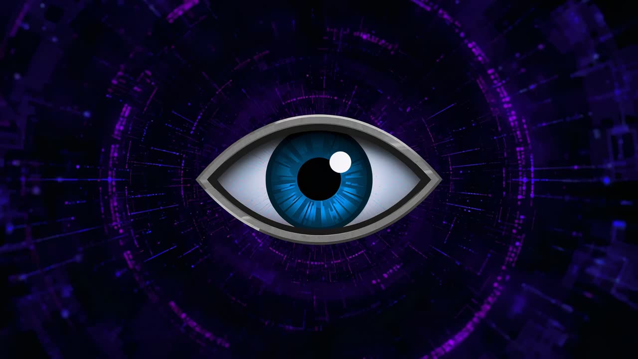 Animating blue eye by frame progression, expanding in purple HUD, focusing iris and pulsing rings