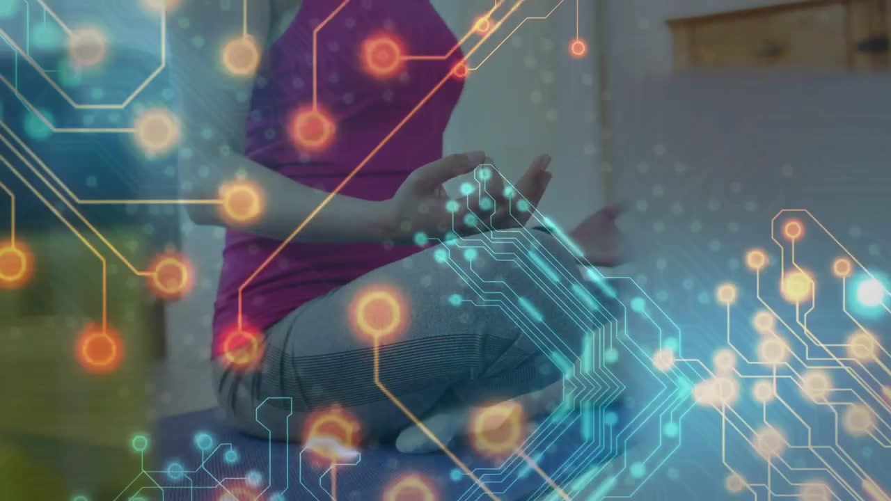 Woman sitting cross-legged on blue mat, circuit overlay initiating meditative hand moves for health