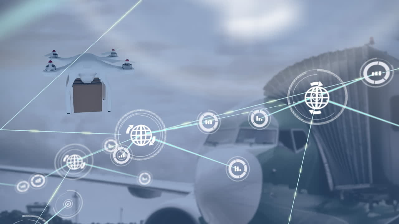 연결 네트워크의 애니메이션과 비행기 위의 디지털 드론