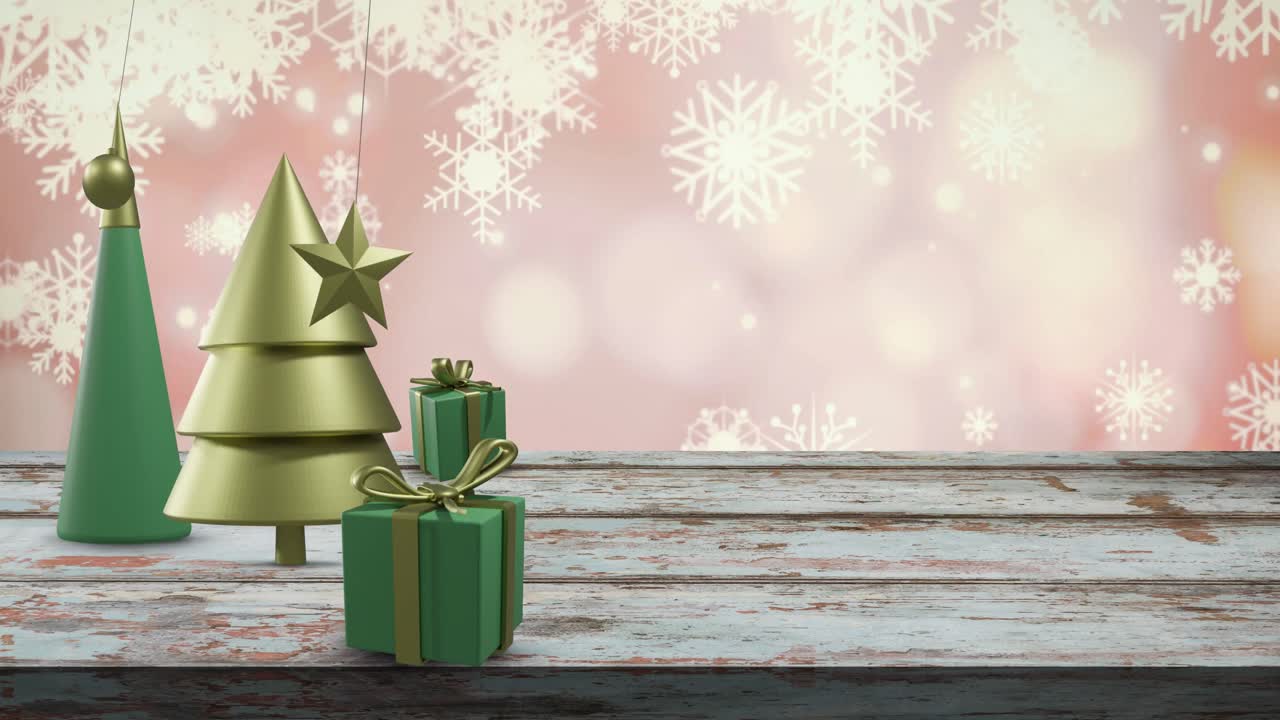 animación de árboles de navidad y decoraciones sobre fondo de madera