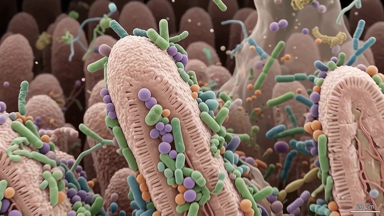 Visione microscopica di batteri del microbioma intestinale sui villi intestinali