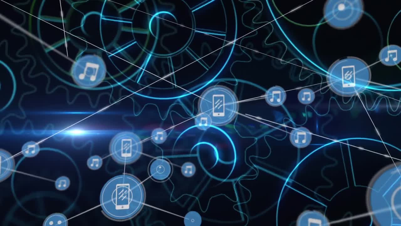 animación de la red de conexiones con iconos sobre engranajes sobre fondo negro