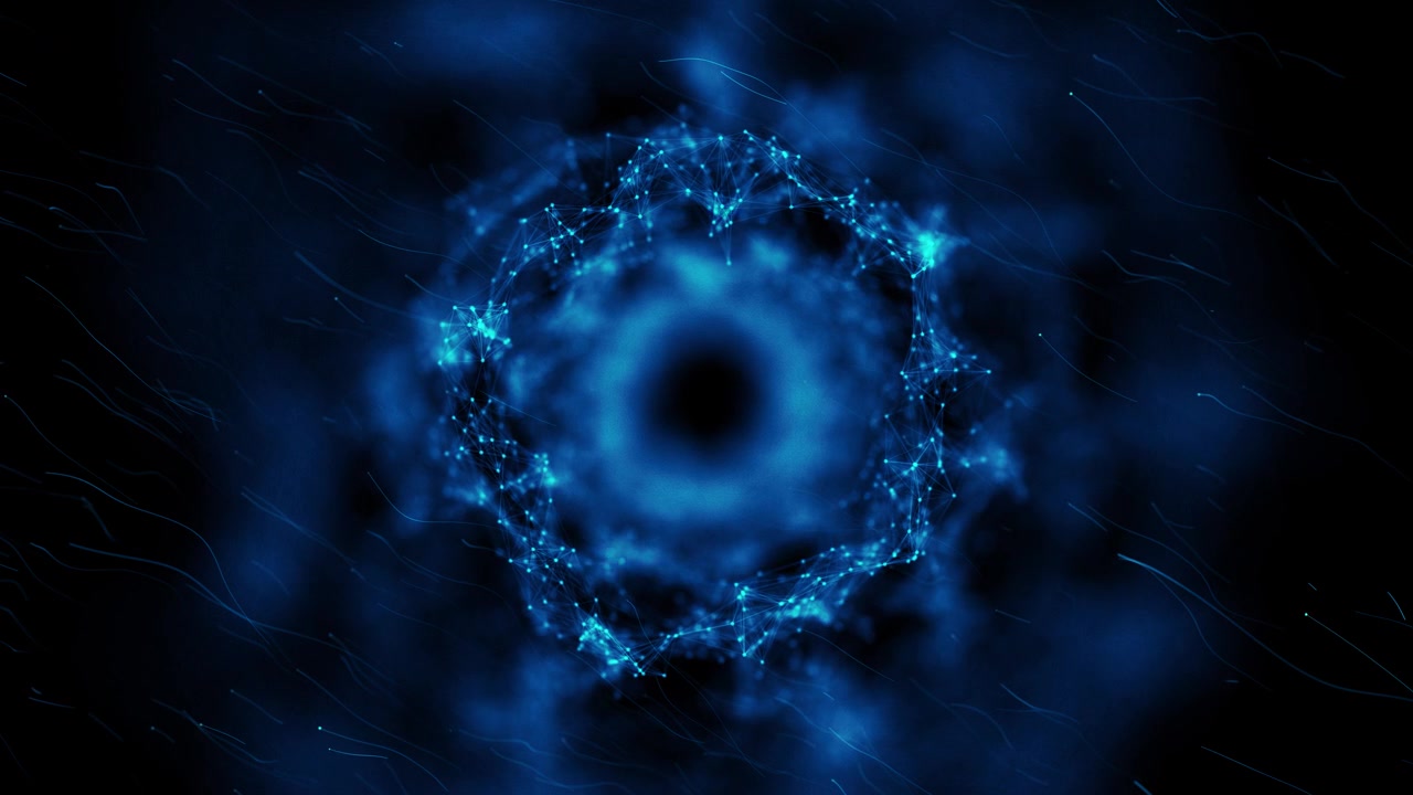 Cyan digital vortex circle visual with luminous nodes mesh links floating particles and deep blue