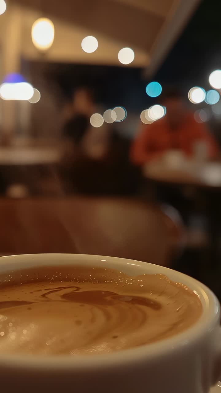 Vertical video: Highlighting latte foam art on white cup in cafe when patron raises cup to sip