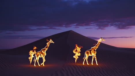 flaming giraffes in the desert at sunset