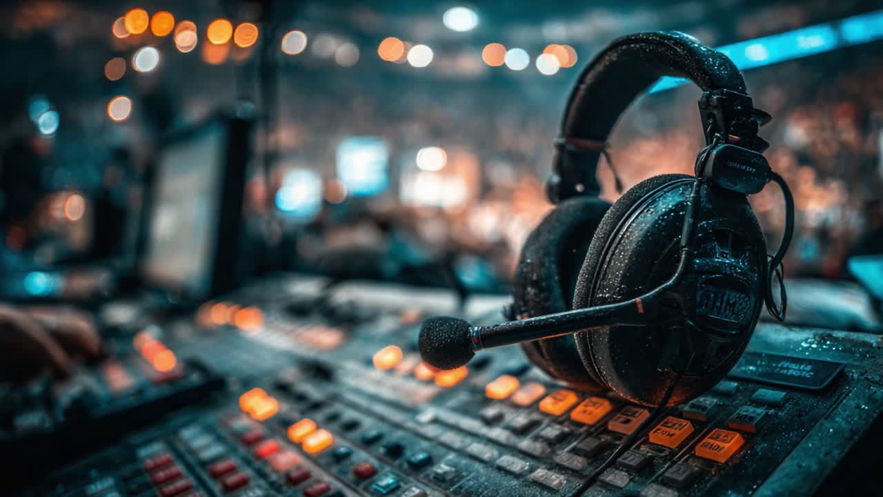 Captivating Scene of a Sound Engineer's Workspace Featuring Headset, Control Board, and Spectators in a Vibrant Atmosphere of an Event