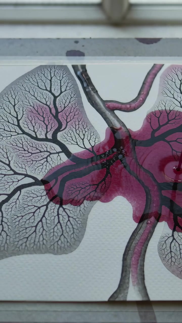 Vertical video: Flowing magenta liquid from node across printed veins on bench for study, tray