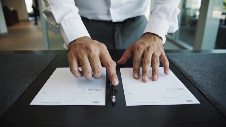 Drawing hands inward, man in white shirt tapping pen among forms at reception, preparing to sign