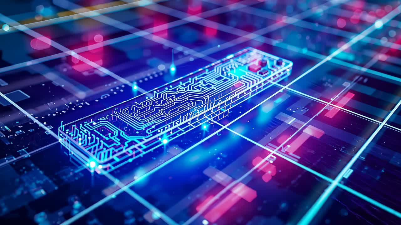 Emerging circuit module orbiting on neon-blue grid, pulsing traces, flickering red-pink blocks