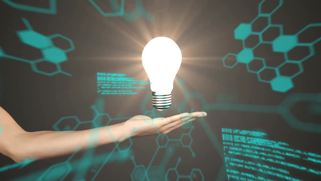 Holding glowing light bulb, hand with digital data and animation in school