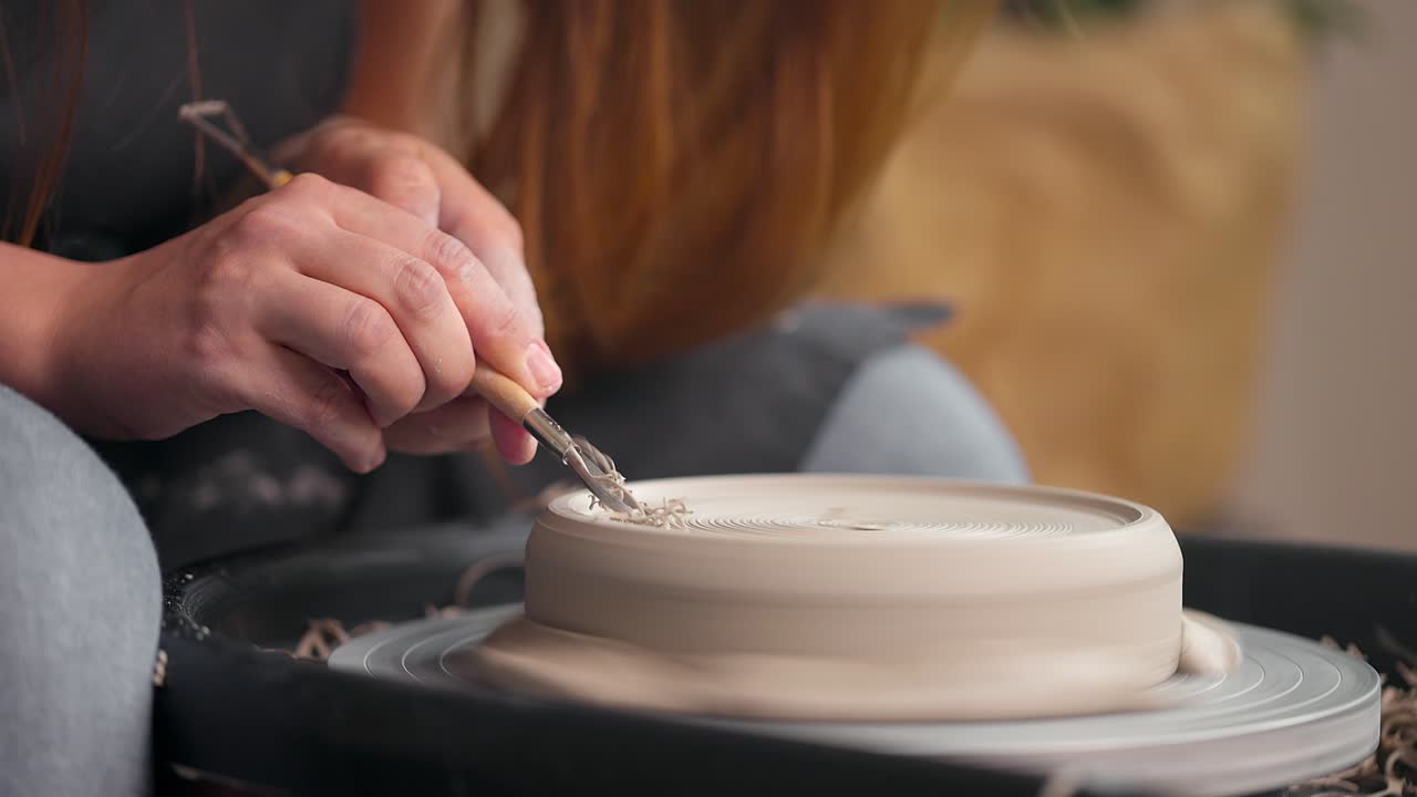 женские руки, которые формируют деталь с помощью инструмента в керамической студии. глиняные осколки. медленное движение