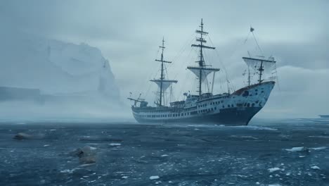 a ship in the middle of a large body of water surrounded by ice