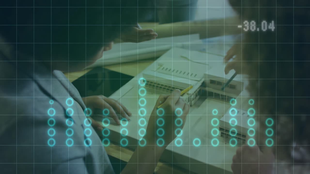 Animation of statistical data processing against rear view of two diverse women discussing at office