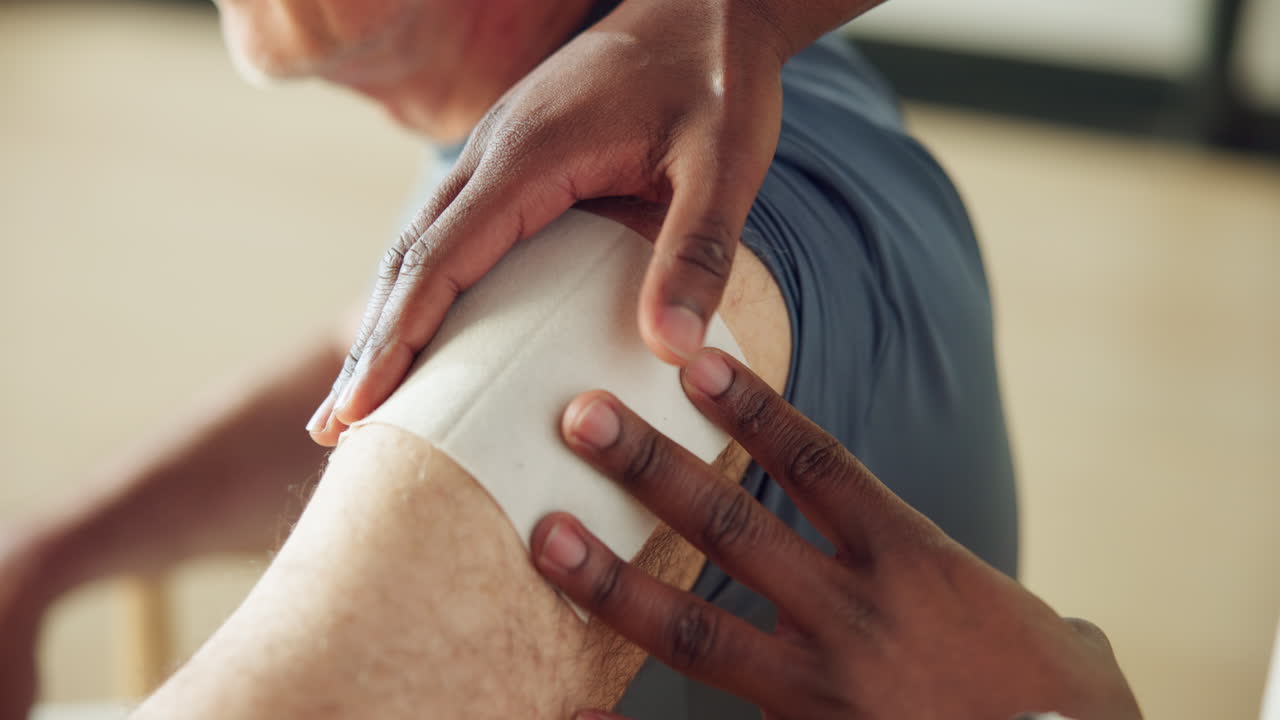 Manos aplicando un parche o vendaje médico en un brazo