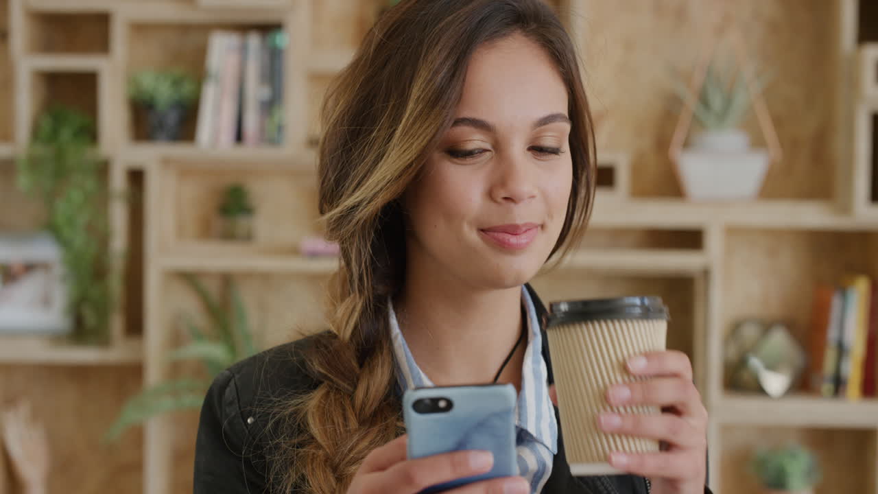 스마트폰을 사용하는 아름다운 젊은 여성 학생의 초상화 문자 메시지 탐색 커피를 마시며 휴식을 즐기는 느린 동작