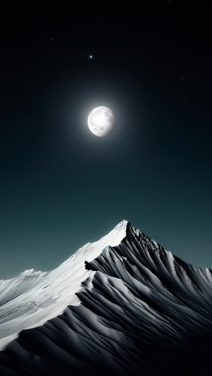 Aerial video angle of a moonlit mountain peak under a starry night sky ...