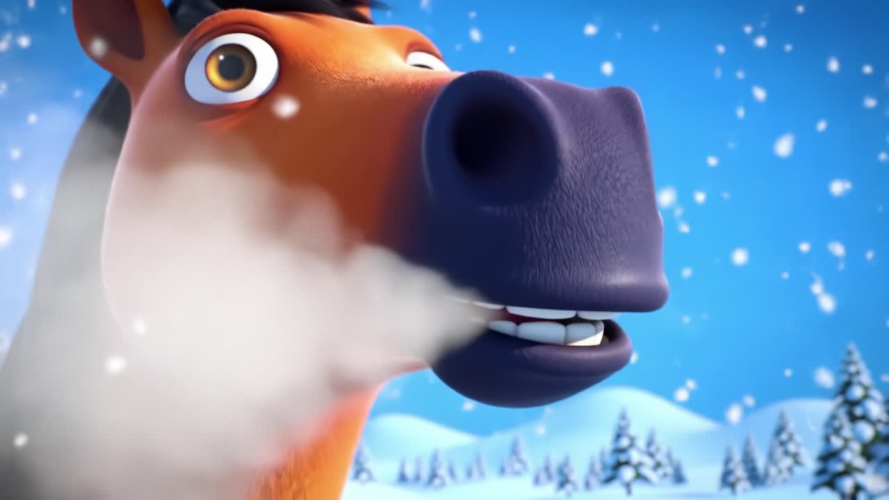A Playful Animated Horse Smiles Joyfully in a Beautiful Snowy Landscape, Capturing the Spirit of Winter Wonderland with Its Bright Eyes and Cheerful Expression