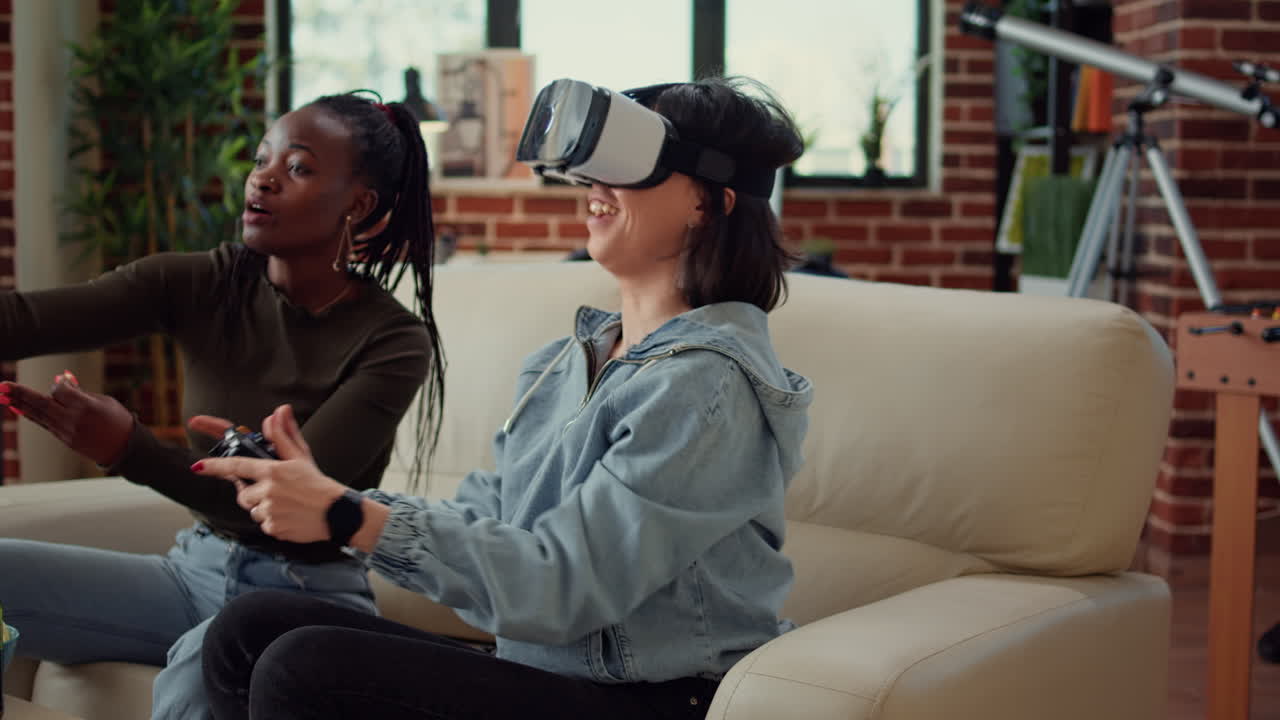 Women playing video games with vr glasses on console