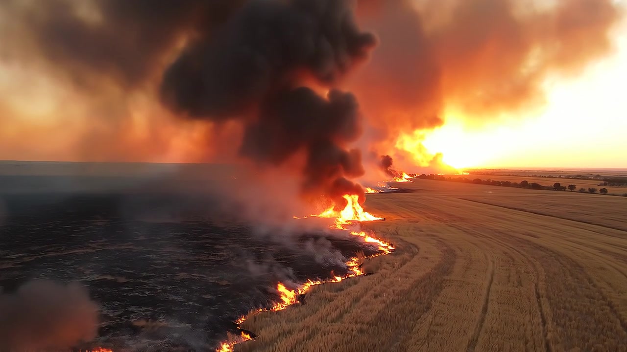 Vista Aerea di un Campo di Stoppie in Fiamme al Tramonto