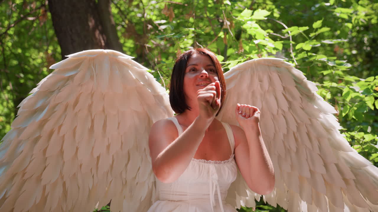 Forest guardian in white dress with angel wings joyfully reaches toward sunlight while catching insect midair, surrounded by vibrant green leaves and soft sunbeams in peaceful enchanted woodland