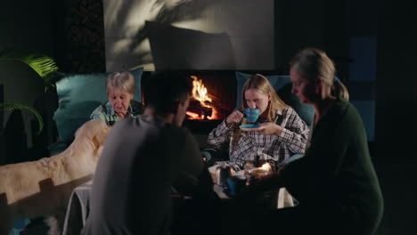 family gathering by the fireplace