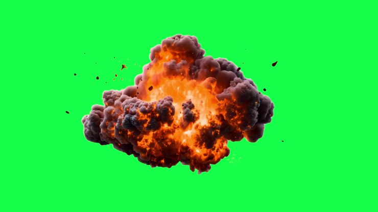 Large Fiery Explosion with Debris Isolated on Green Screen