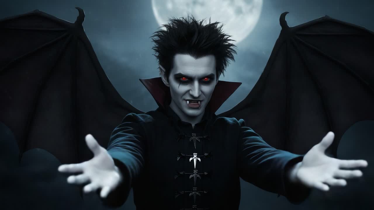 A Sinister Being Takes Center Stage Under a Full Moon, Featuring an Eerie Figure with Bat Wings, Red Eyes, and a Charismatic Yet Threatening Presence