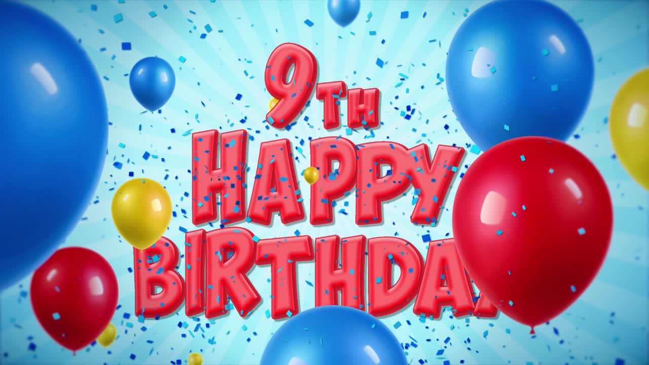 9th Happy Birthday Graphic with Balloons and Confetti