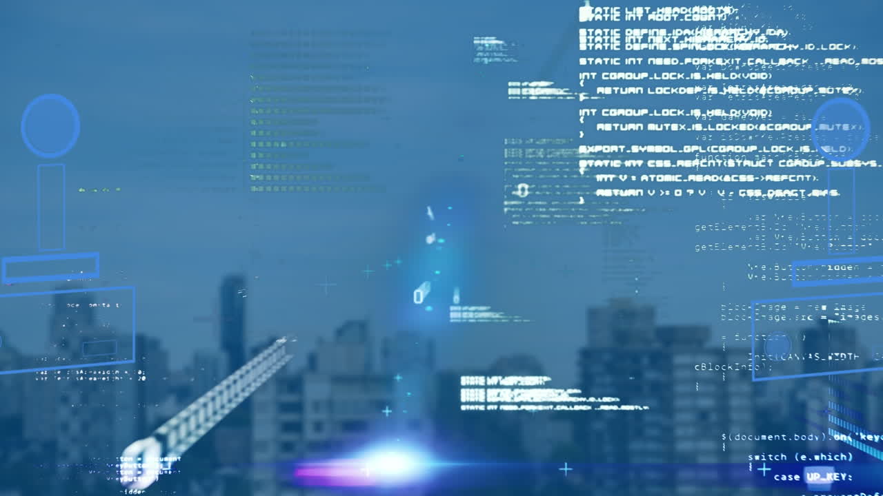 도시 풍경 위의 데이터 처리 애니메이션