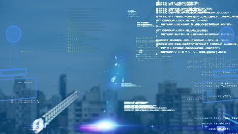 animation of data processing over cityscape