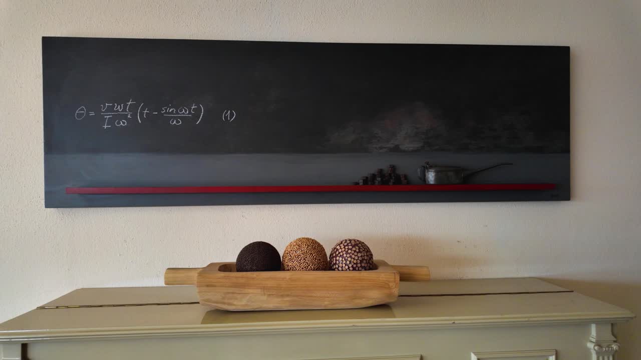 Home office setup featuring physics equation on blackboard