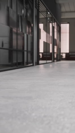 a modern office hallway with a white tiled floor