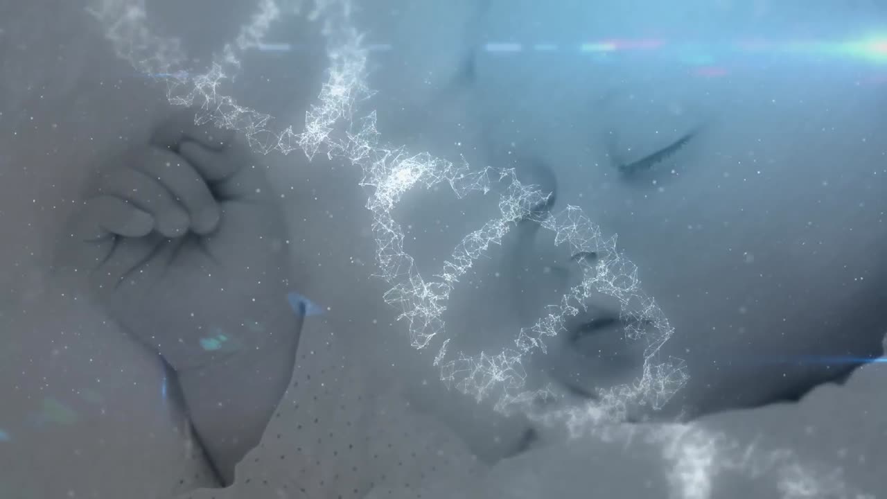 animación de una cadena de adn en 3d girando sobre un bebé dormido