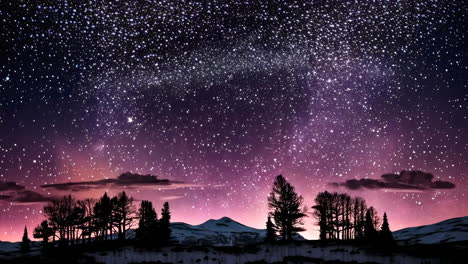starry night sky with silhouetted trees and mountains