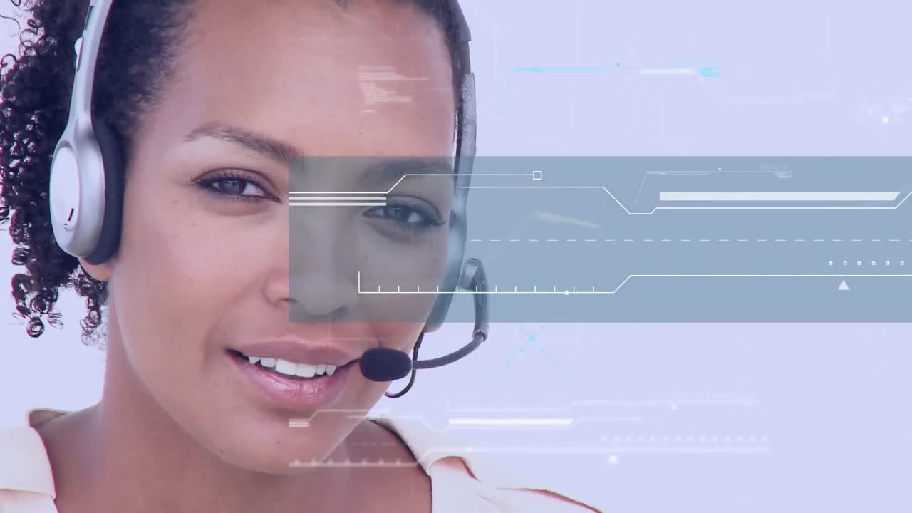 Animation of data processing over businesswoman using phone headset