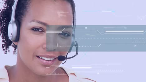 Animation-of-data-processing-over-businesswoman-using-phone-headset